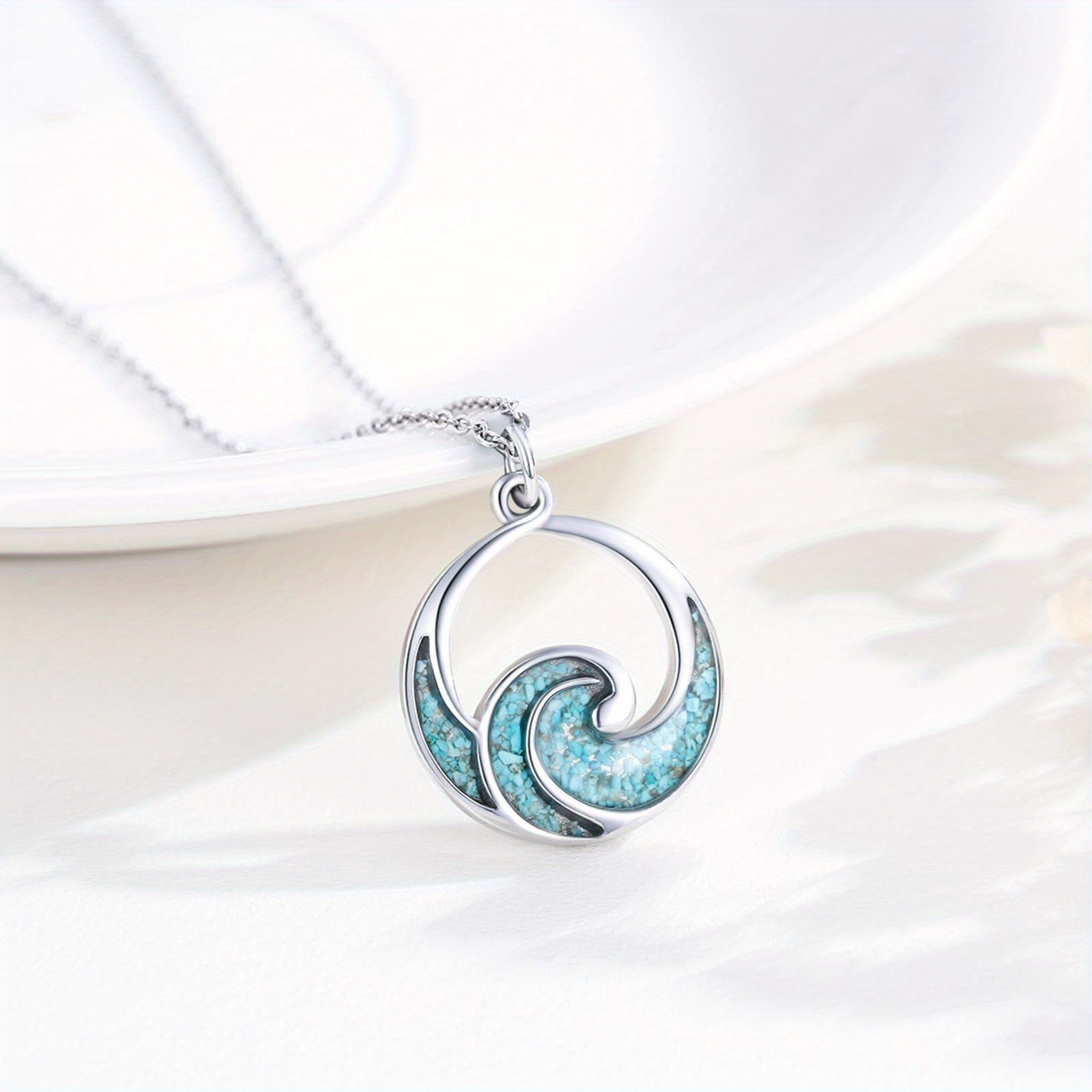 Waves Necklace 925 Sterling Silver Turquoise Crushed Stone Ocean Pendant Jewelry